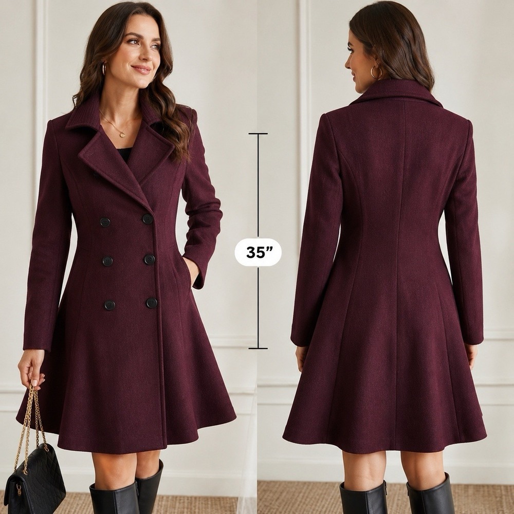 BCBGMAXAZRIA XS Burgundy Wool Blend Peacoat Ruffle Hem Coat Fit Flare